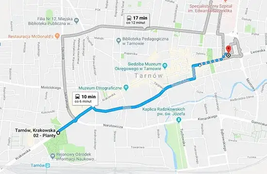 Mapa trasy autobusu linii 9 Tarnów