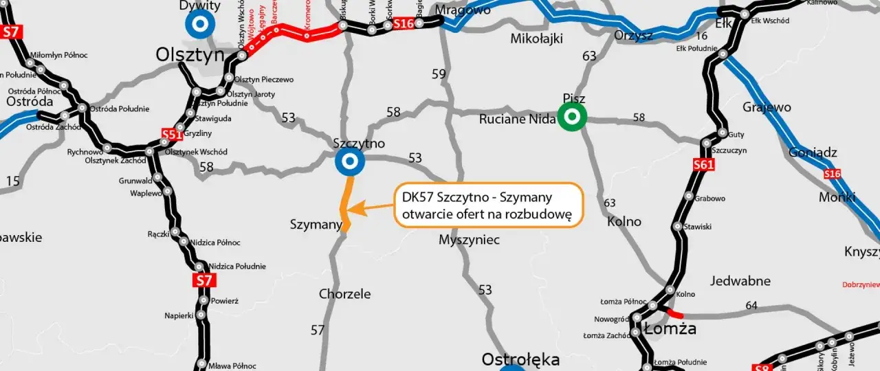 Mapa drogowa z zaznaczonymi trasami S7 i S61, łączącymi m.in. Olsztyn i Szczytno. Widoczna informacja o otwarciu ofert na rozbudowę DK57 Szczytno - Szymany.