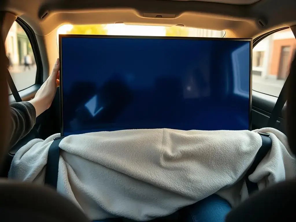 telewizor przypięty pasami w samochodzie