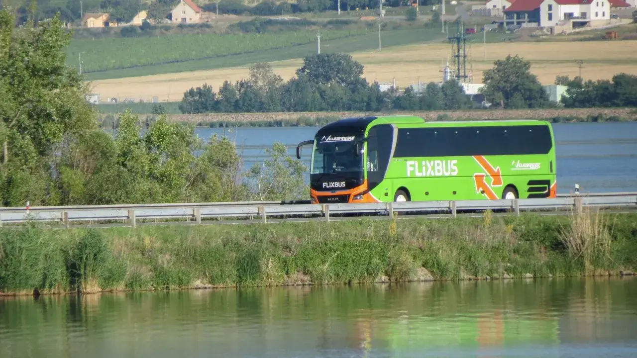 Zielony autobus Flixbus jedzie drogą nad jeziorem. Może to być trasa Poznań Berlin lotnisko.