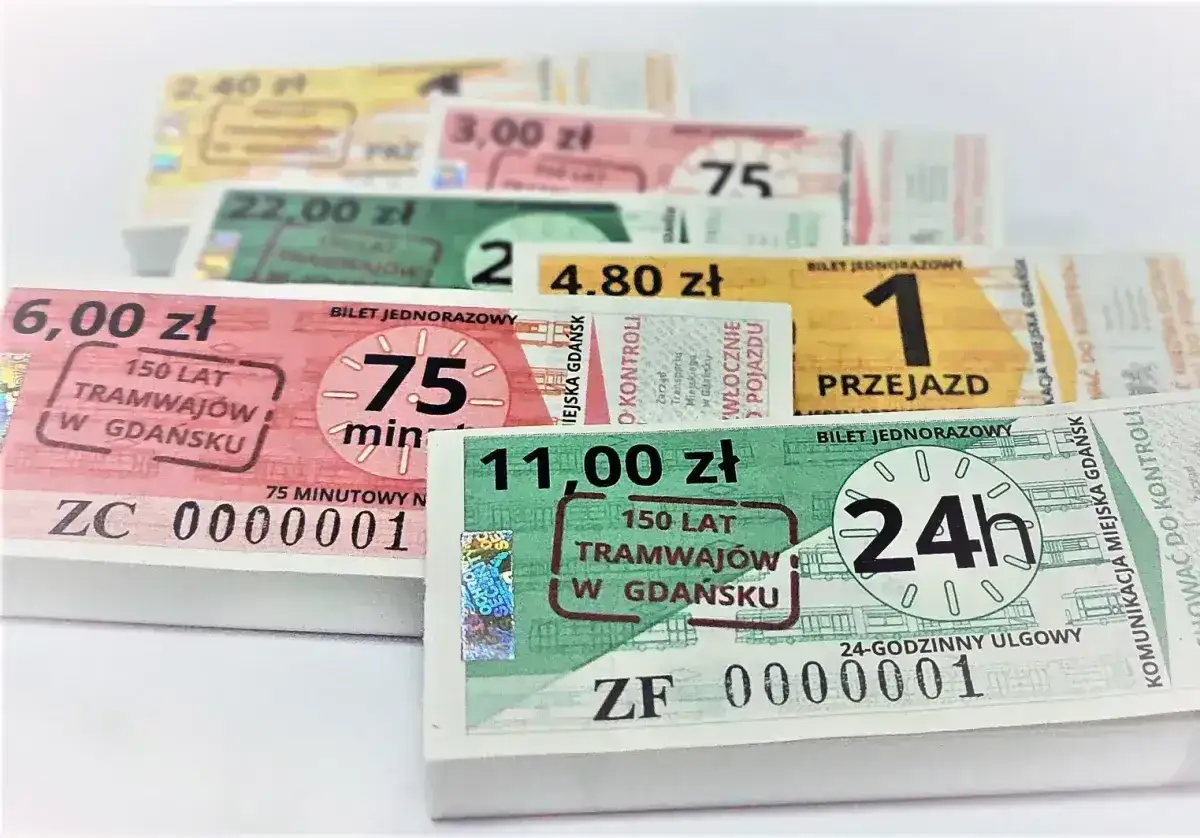 Kolekcja biletów komunikacji miejskiej z Gdańska: 75-minutowe, 24-godzinne i inne.