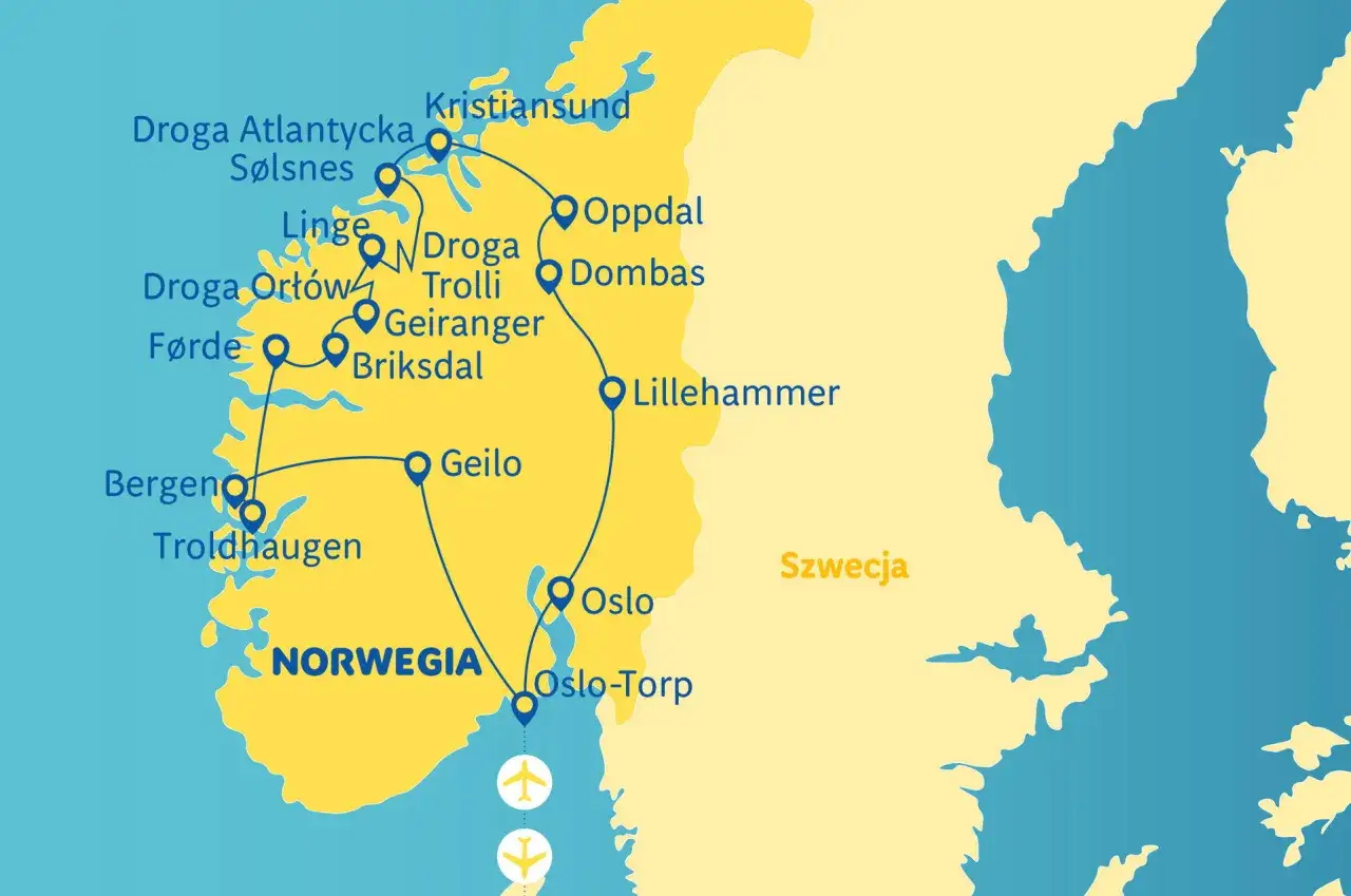 Mapa turystyczna Norwegii z zaznaczonymi trasami i miastami, w tym lotniska Oslo-Torp.