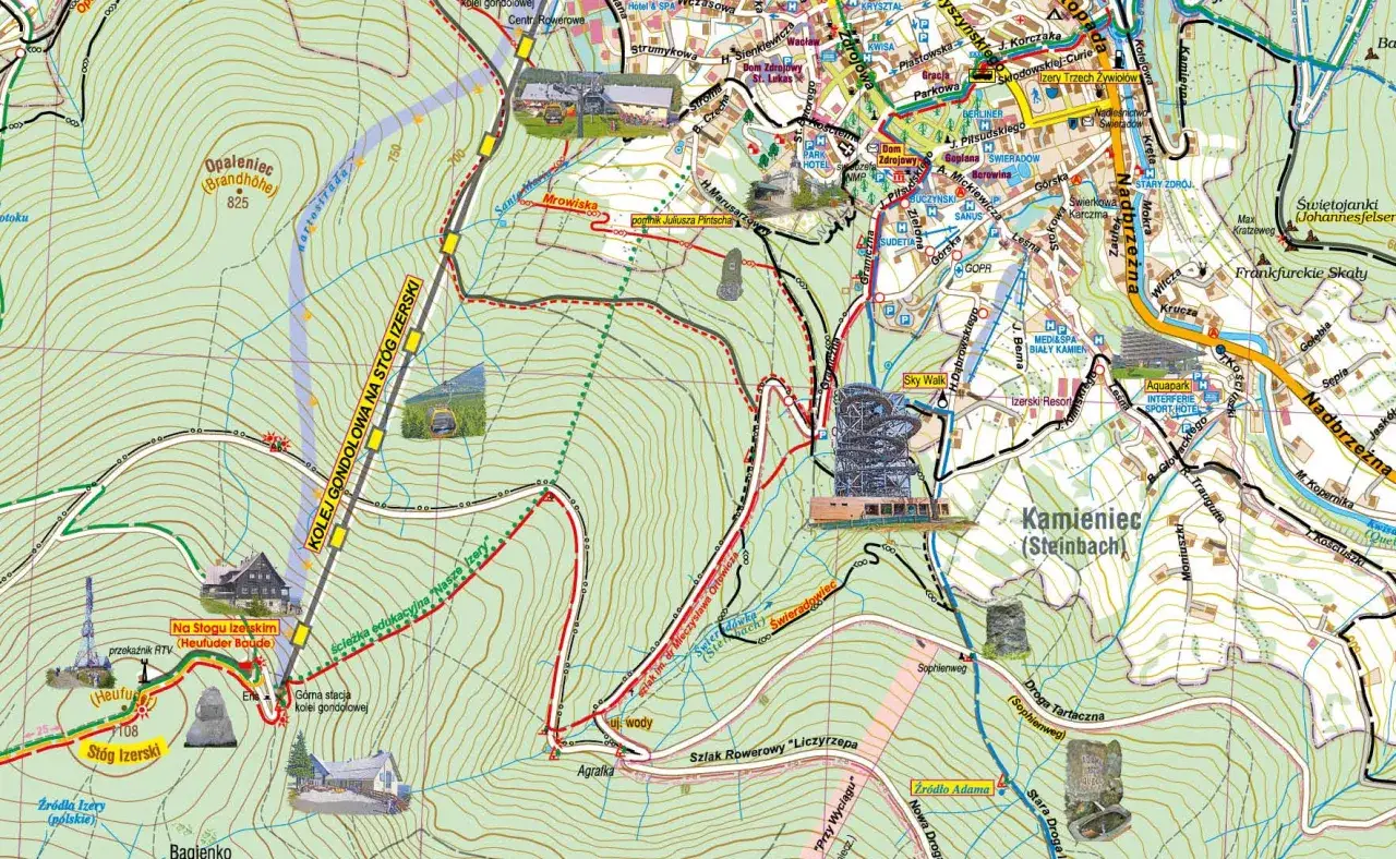 Mapa turystyczna z Karpacza i Świeradowa-Zdroju. Widoczna kolej gondolowa, Sky Walk, szlaki piesze i rowerowe.
