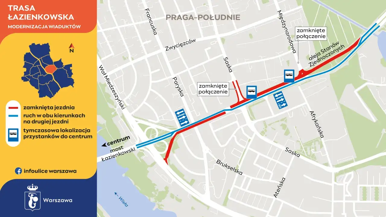 Mapa modernizacji wiaduktów na Trasie Łazienkowskiej. Czerwona linia oznacza zamkniętą jezdnię, niebieska ruch dwukierunkowy.