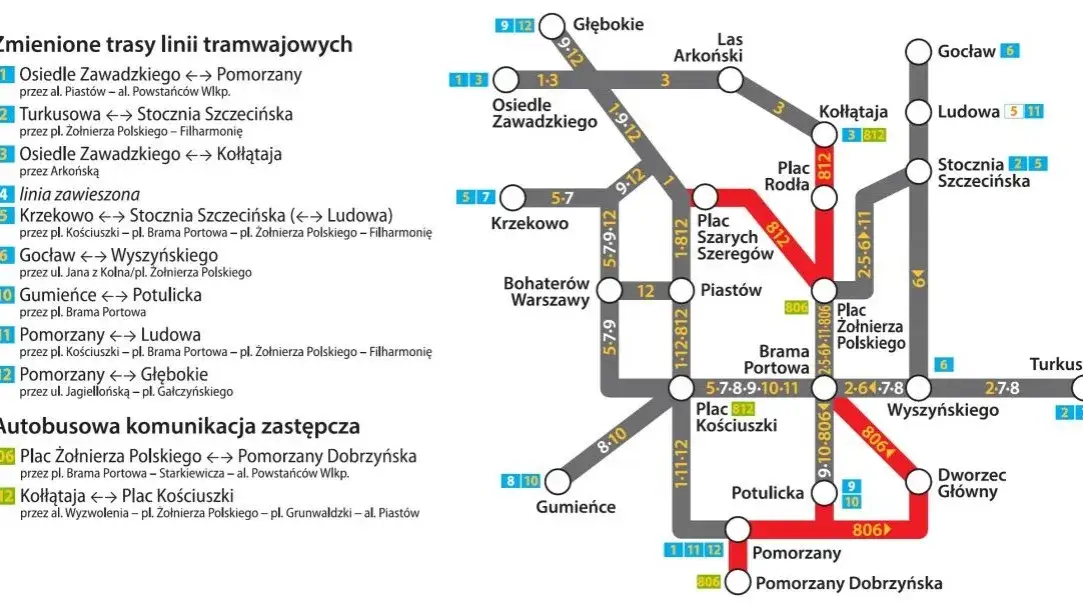 Mapa komunikacji miejskiej Szczecin Dworzec Główny