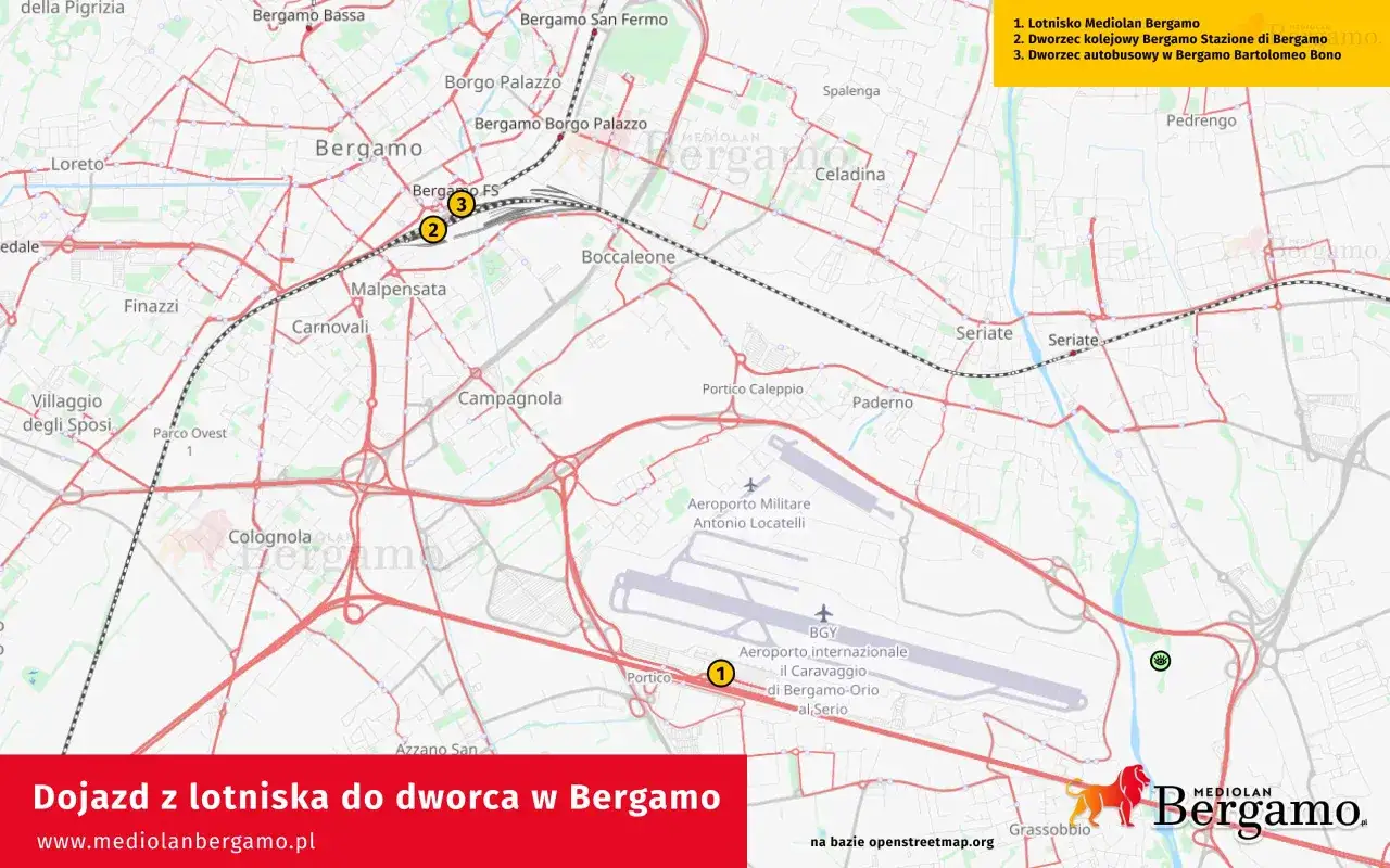 Mapa pokazuje dojazd z lotniska Mediolan Bergamo-Orio al Serio do dworca autobusowego i kolejowego w Bergamo.