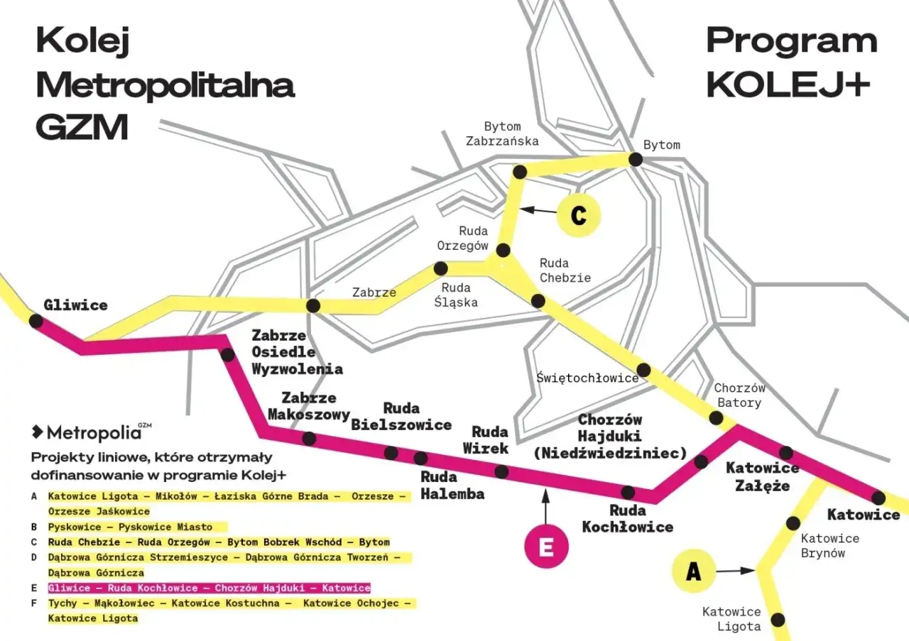 Mapa Kolei Metropolitalnej GZM pokazuje trasy łączące Gliwice z Katowicami, a także inne miasta regionu.