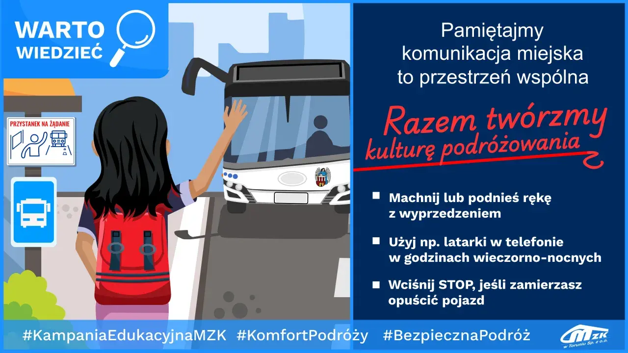 Dziewczyna z plecakiem na przystanku na żądanie macha do autobusu. Pamiętajmy o kulturze podróżowania.