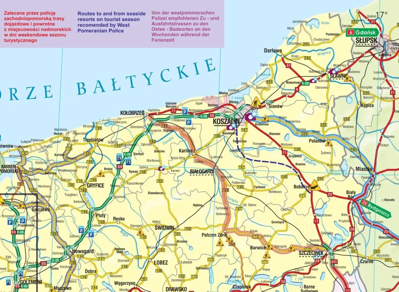 Mapa drogowa Pomorza Zachodniego z zaznaczoną trasą do Darłowa i innych nadmorskich miejscowości.