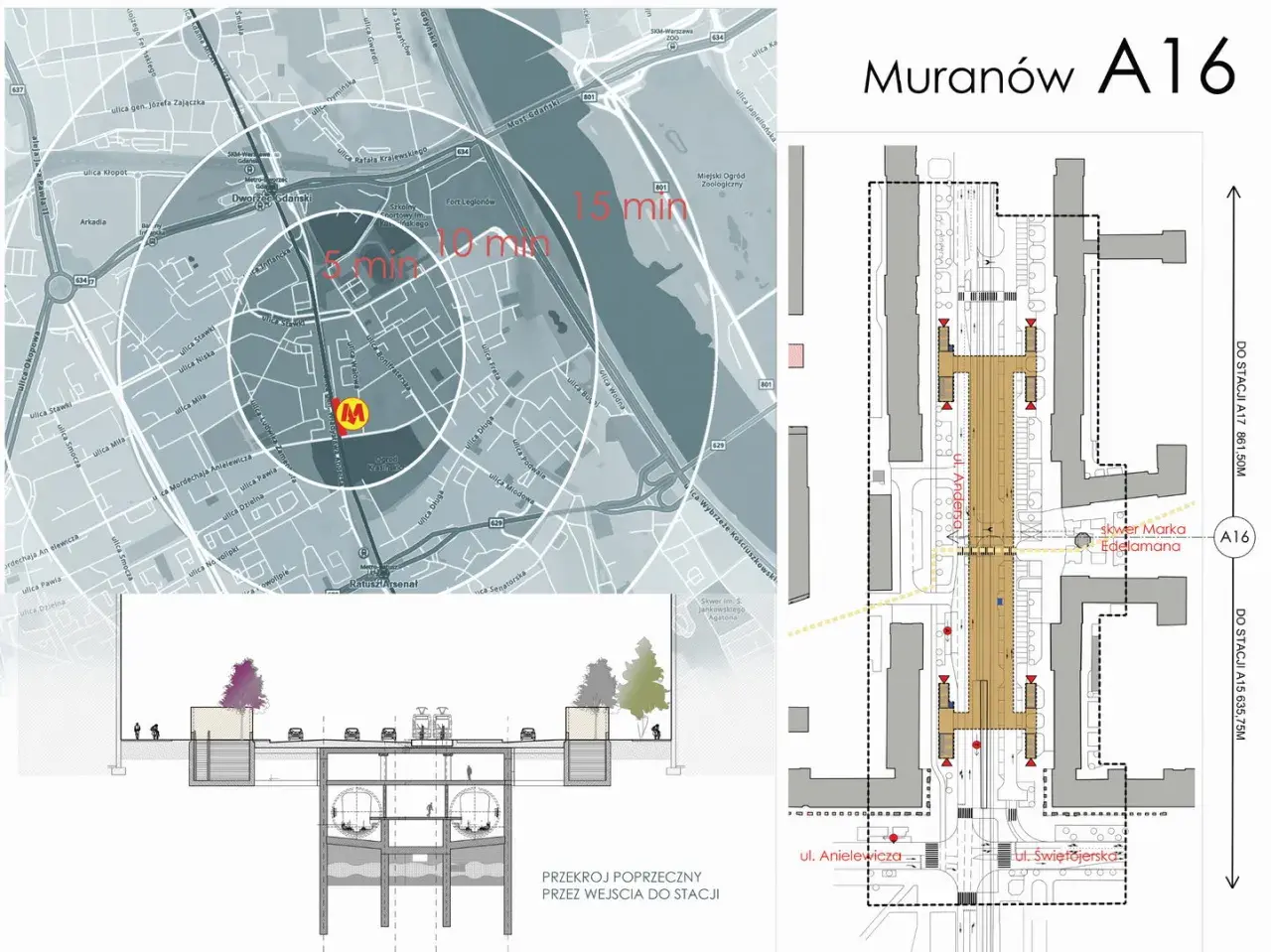 Mapa Warszawy z zaznaczonymi stacjami metra M1 i planem Muranowa A16. Widoczny przekrój poprzeczny stacji.