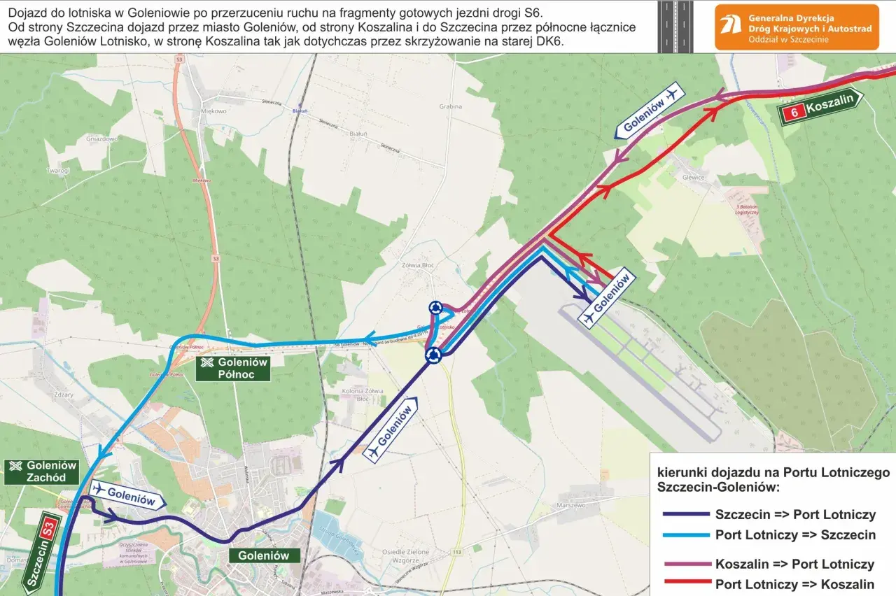 Mapa pokazuje dojazd do lotniska w Goleniowie. Kolorowe linie wskazują trasy ze Szczecina i Koszalina.
