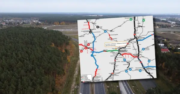 Mapa drogowa z zaznaczonymi trasami, w tym S10 Nakło nad Notecią - Bydgoszcz Zachód. W tle las i autostrada.