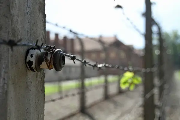 Izolator na słupku z drutem kolczastym, symbol przeszłości Krakowa i Oświęcimia.