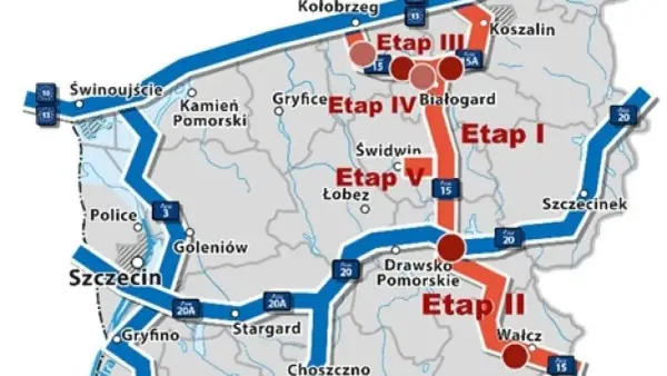 Mapa drogowa z etapami budowy, od Świnoujścia przez Białogard do Kołobrzegu i dalej.