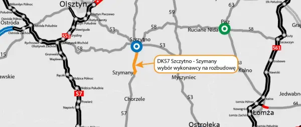 Mapa drogowa z zaznaczonym odcinkiem DK57 Szczytno - Szymany. Widać połączenia z Olsztynem i innymi miastami.