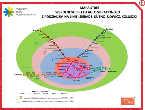 Mapa stref wspólnego biletu aglomeracyjnego z podziałem na linie: Sieradz, Kutno, Łowicz, Koluszki. Planujesz podróż? Sprawdź bilety komunikacji miejskiej Kraków i okolice.