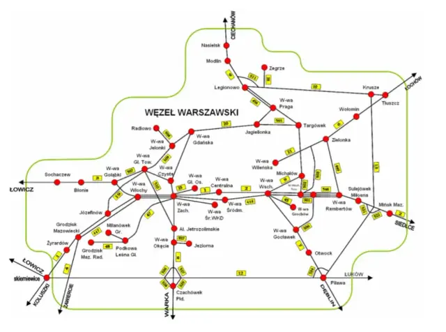 Mapa węzła drogowego z zaznaczonymi trasami do Legionowa, Warszawy i okolic.